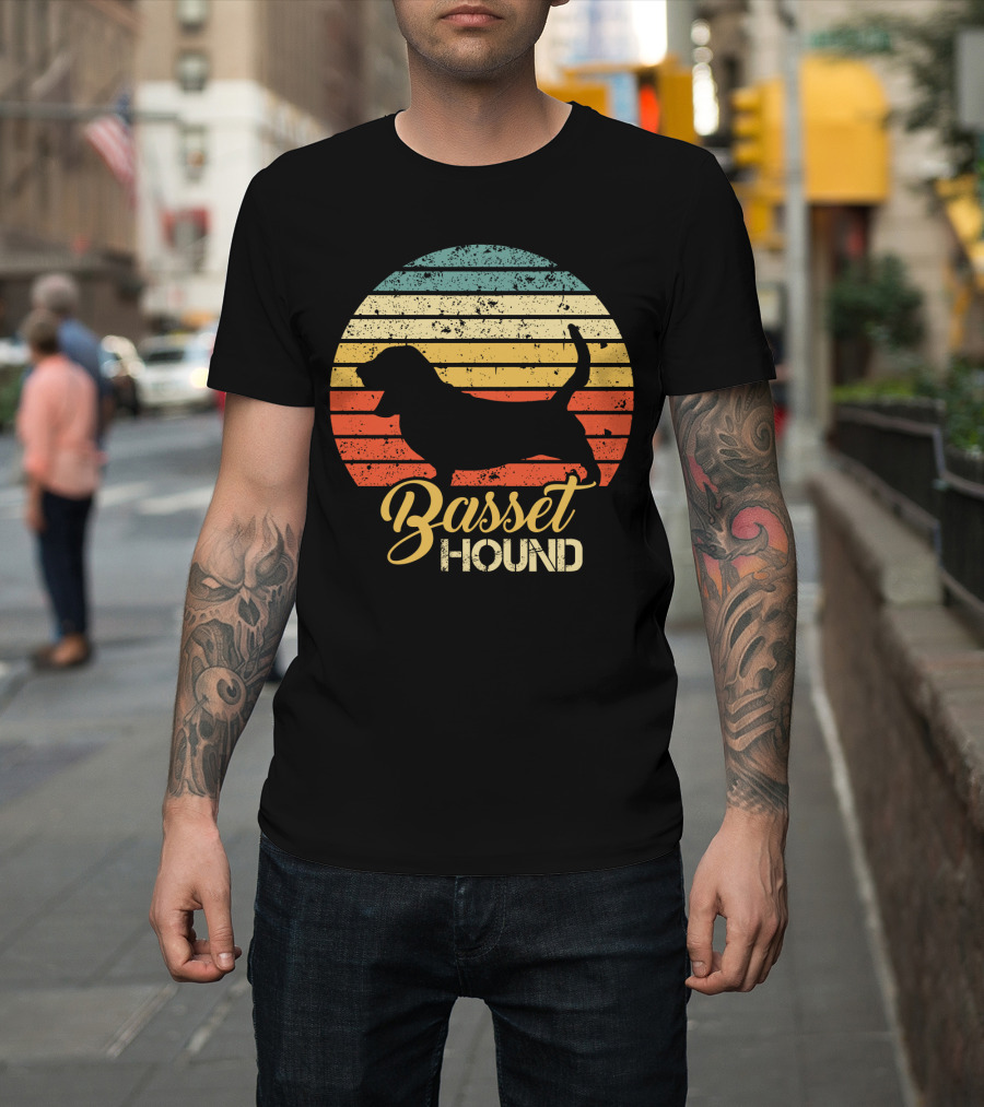 Retro Basset Hound Silhouette In Vintage Sunset T-Shirt