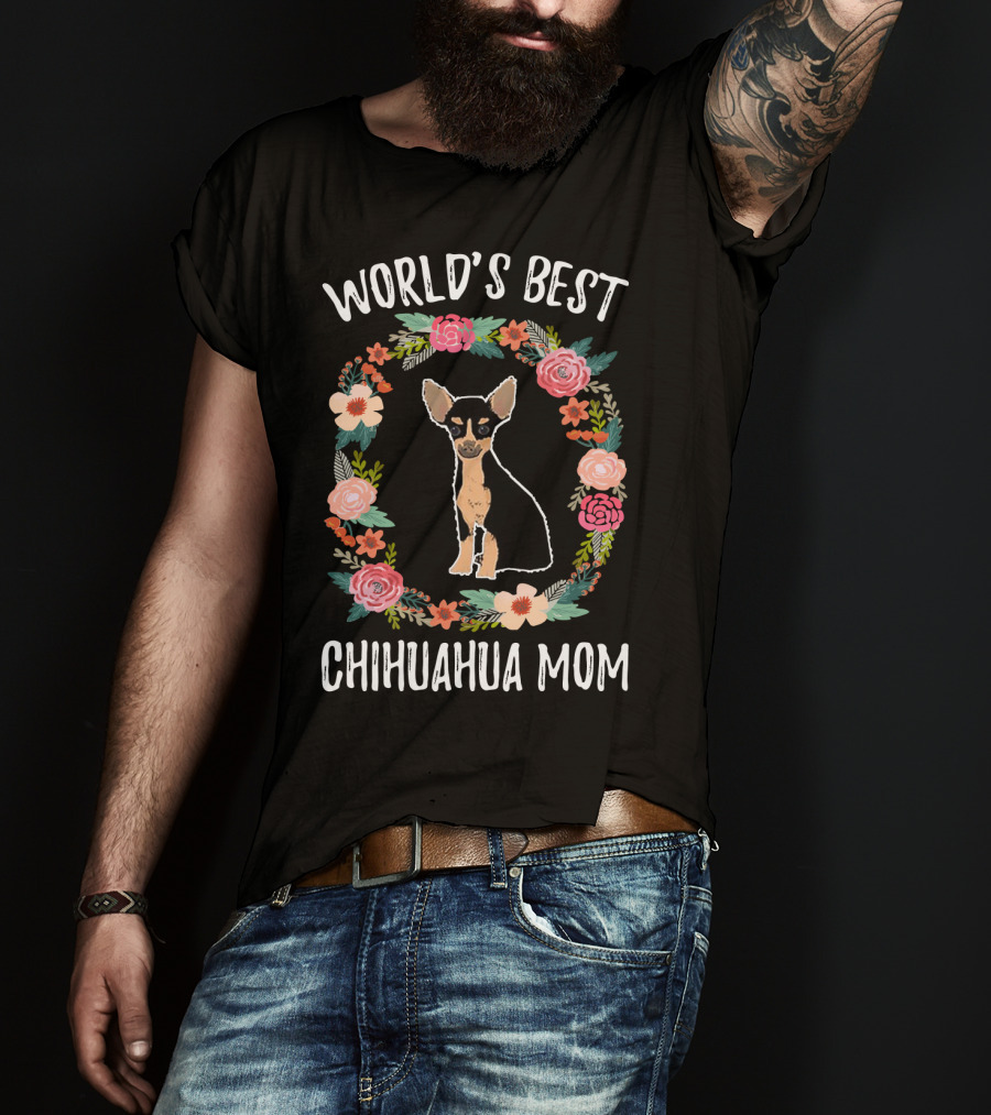 World's Best Chihuahua Mom Black Chihuahua Floral Circle T-Shirt