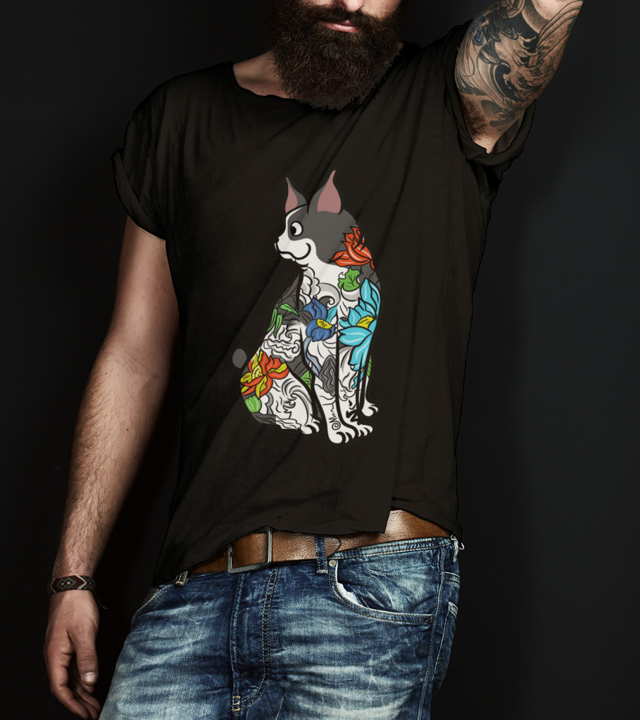 Boston Terrier With Colorful Floral Tattoo T-Shirt