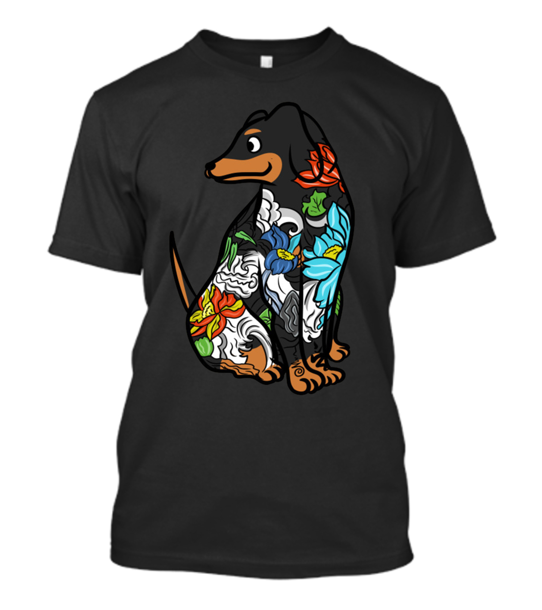 Colorful Floral Dachshund Tattoo Design With Artistic Flower T-Shirt