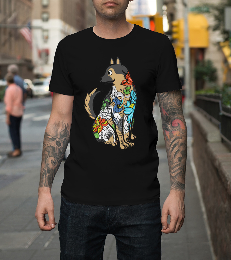 German Shepherd Vibrant Floral Tattoo T-Shirt