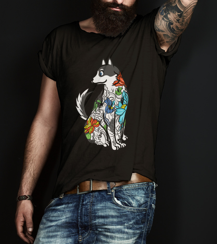 Husky Tattoo Floral Art Pattern In Black And Multicolor T-Shirt