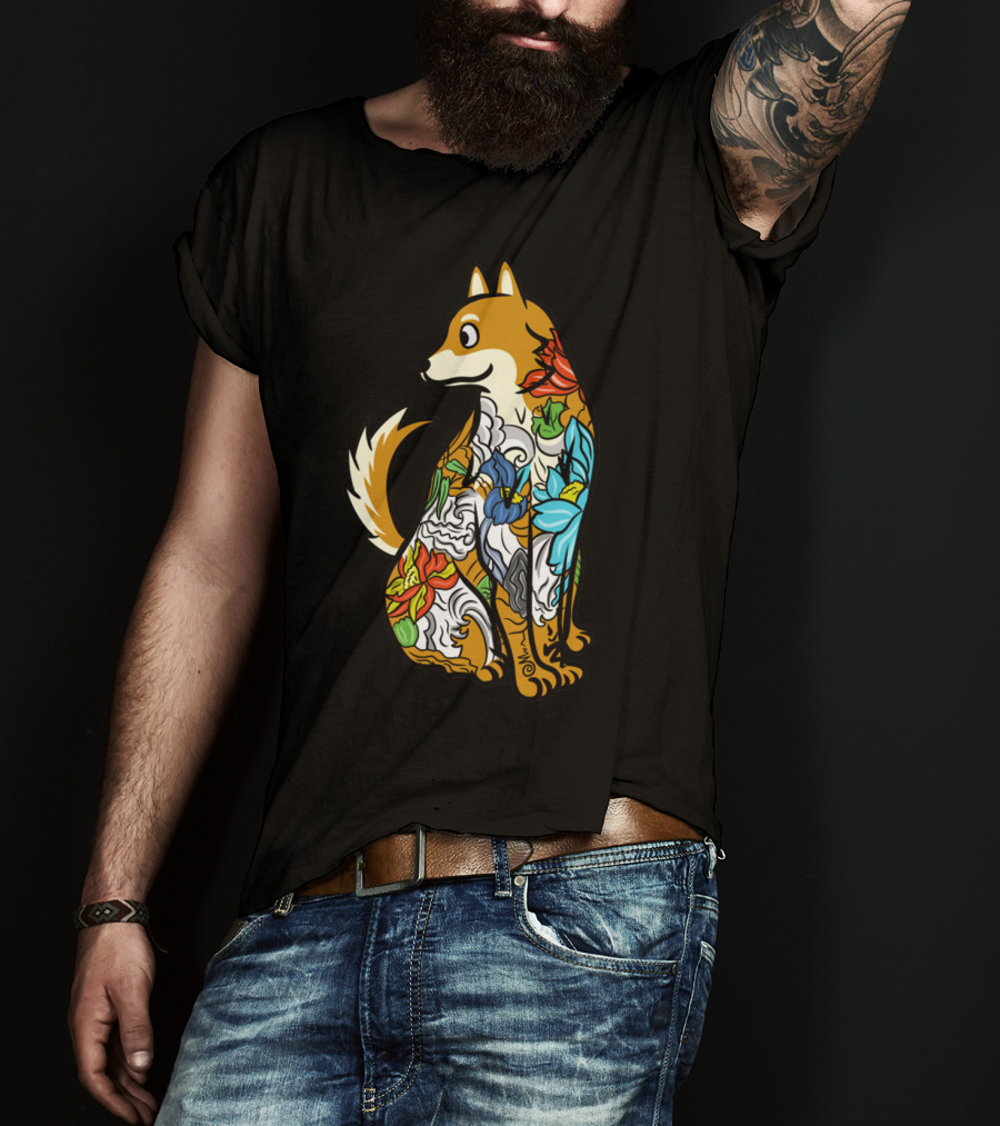 Shiba Inu Tattoo Colorful Floral T-Shirt