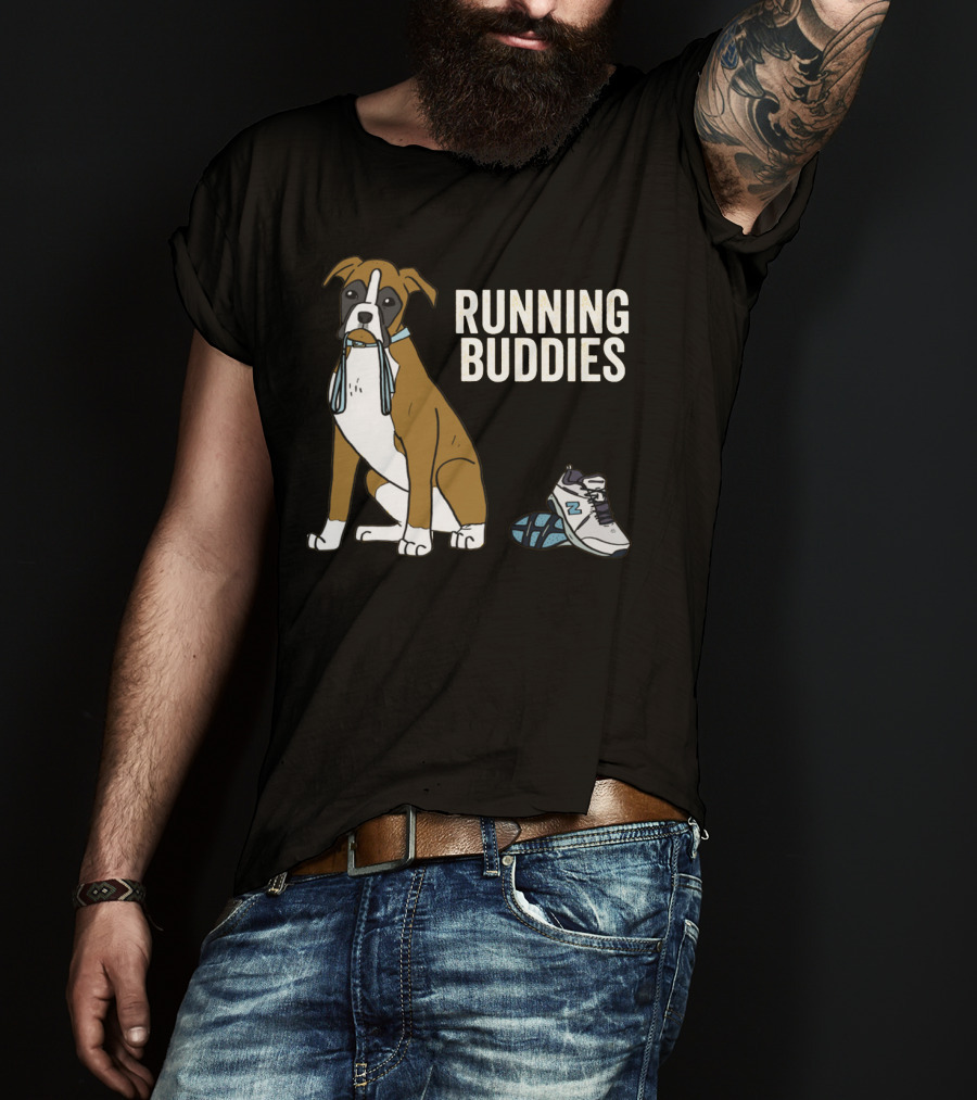 Boxer With Shoe And Running Buddies Text T-Shirt