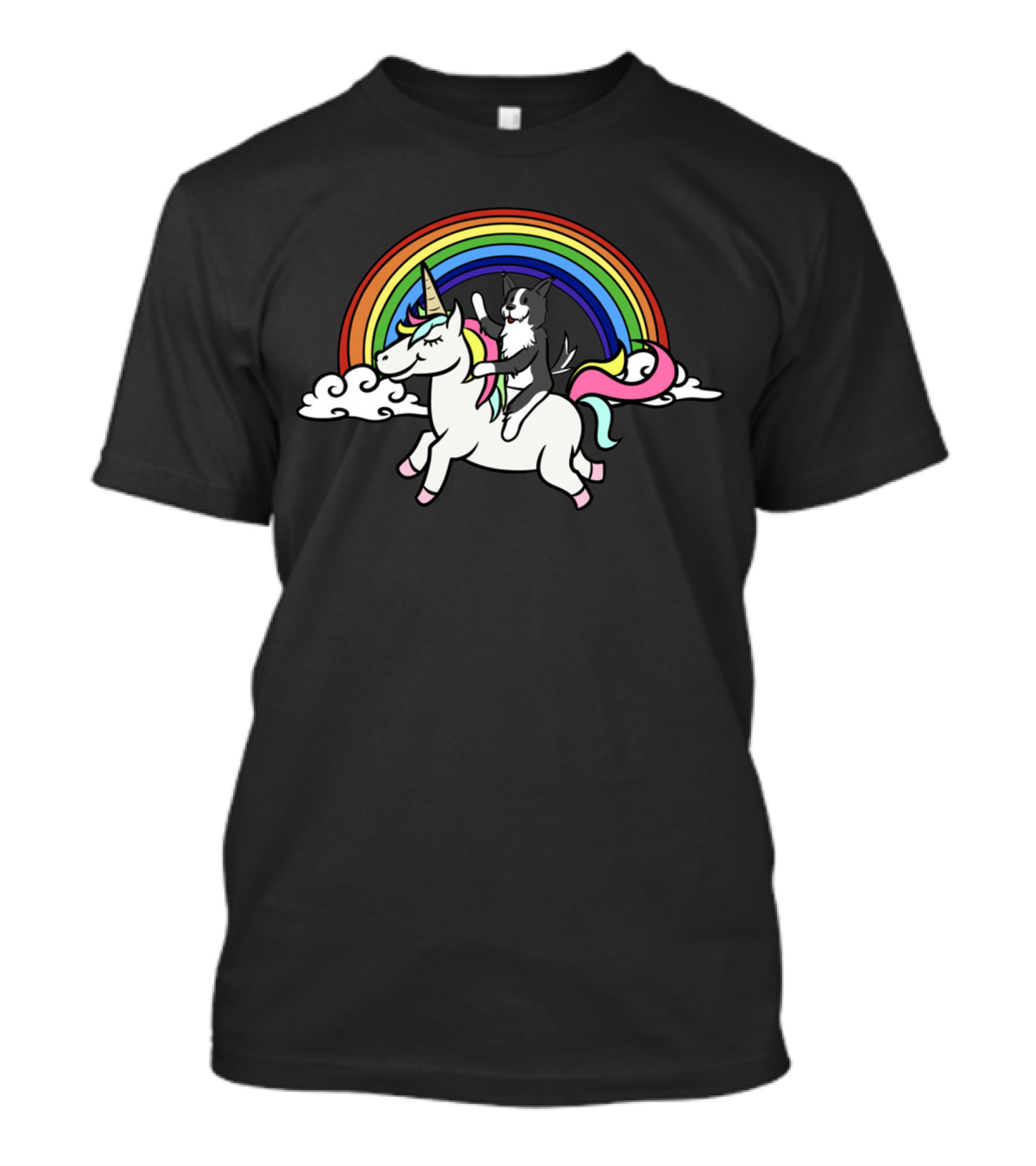 Border Collie Riding Unicorn With Colorful Rainbow T-Shirt