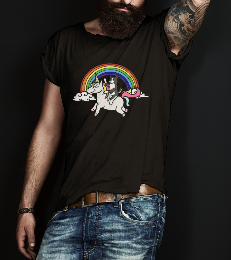 Border Collie Riding Unicorn With Colorful Rainbow T-Shirt