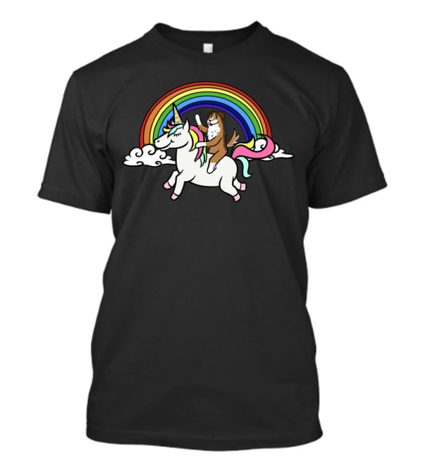 Sheltie Joyfully Riding Unicorn With Vibrant Rainbow T-Shirt