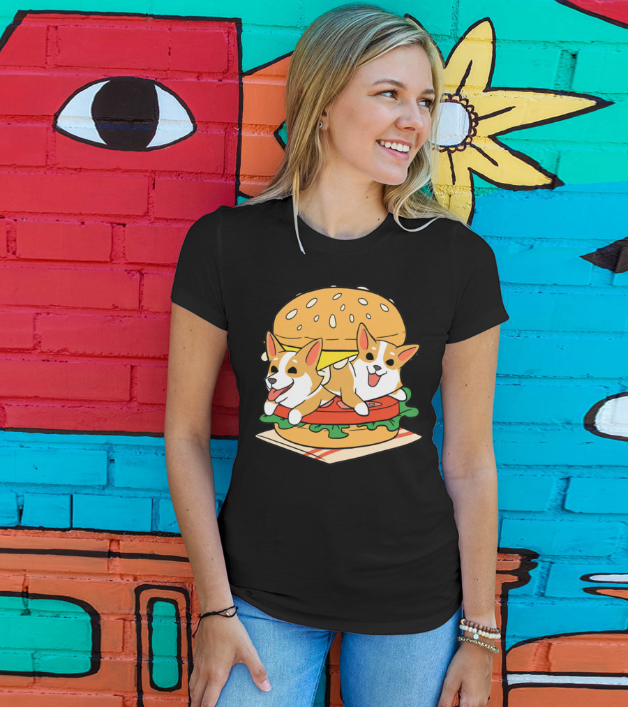 Corgi Burger Delight Double Pup Cheeseburger Fun T-Shirt