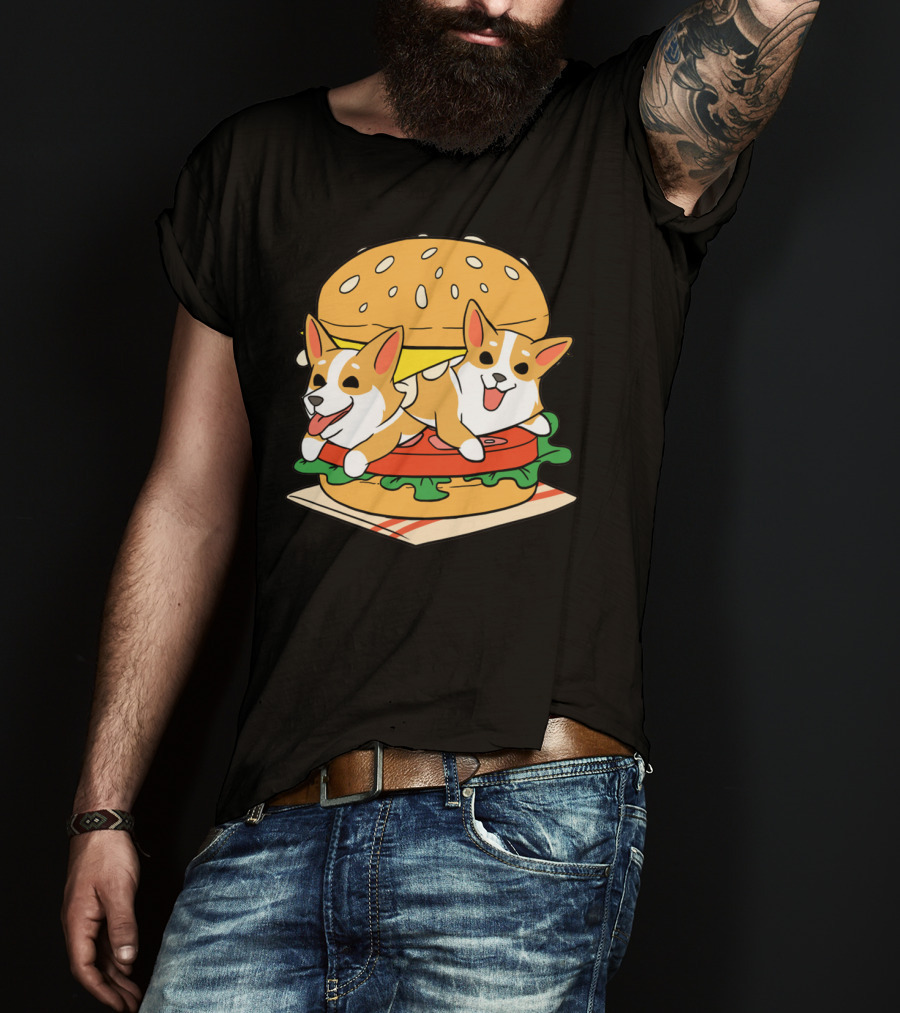 Corgi Burger Delight Double Pup Cheeseburger Fun T-Shirt