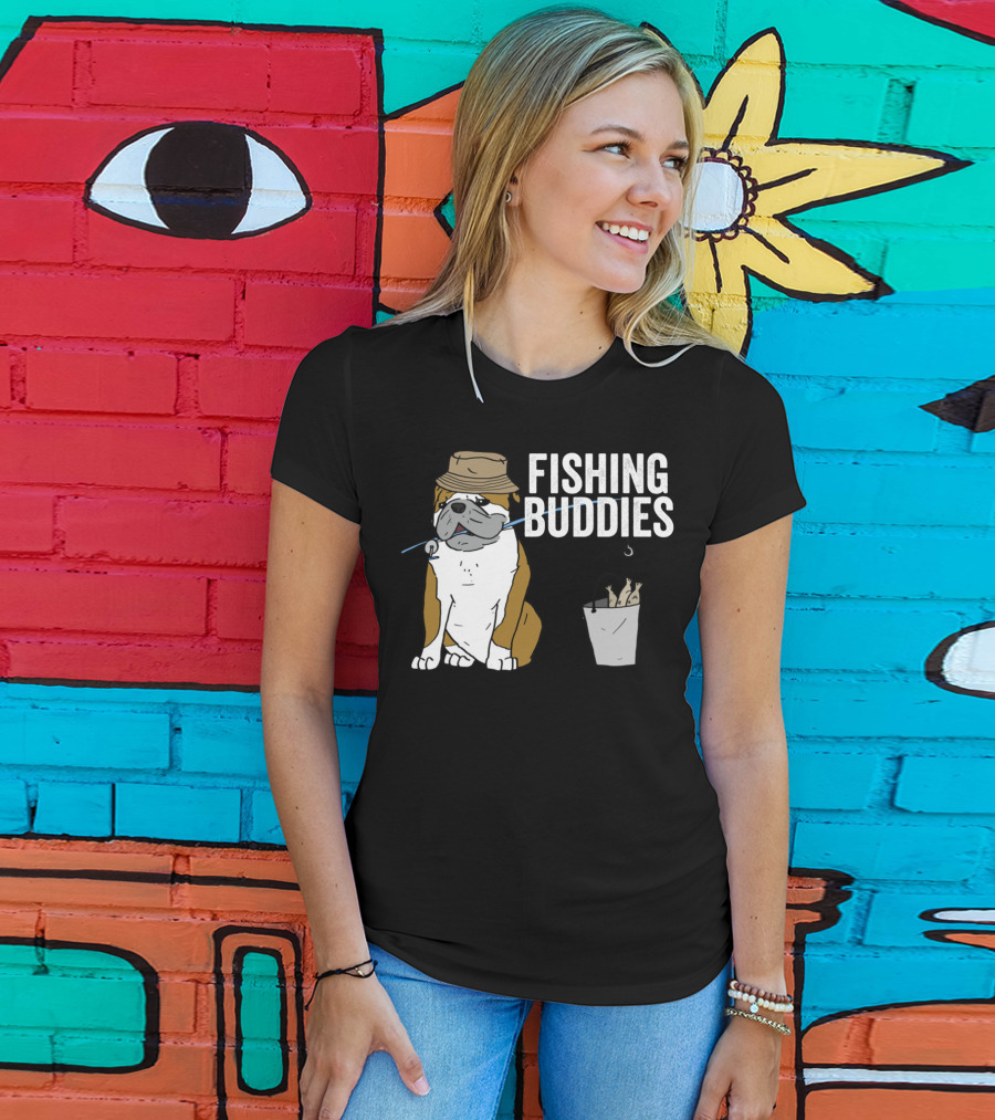 Bulldog Wearing Hat With Fishing Hook And Bucket - Fun Fishing Buddies T-Shirt