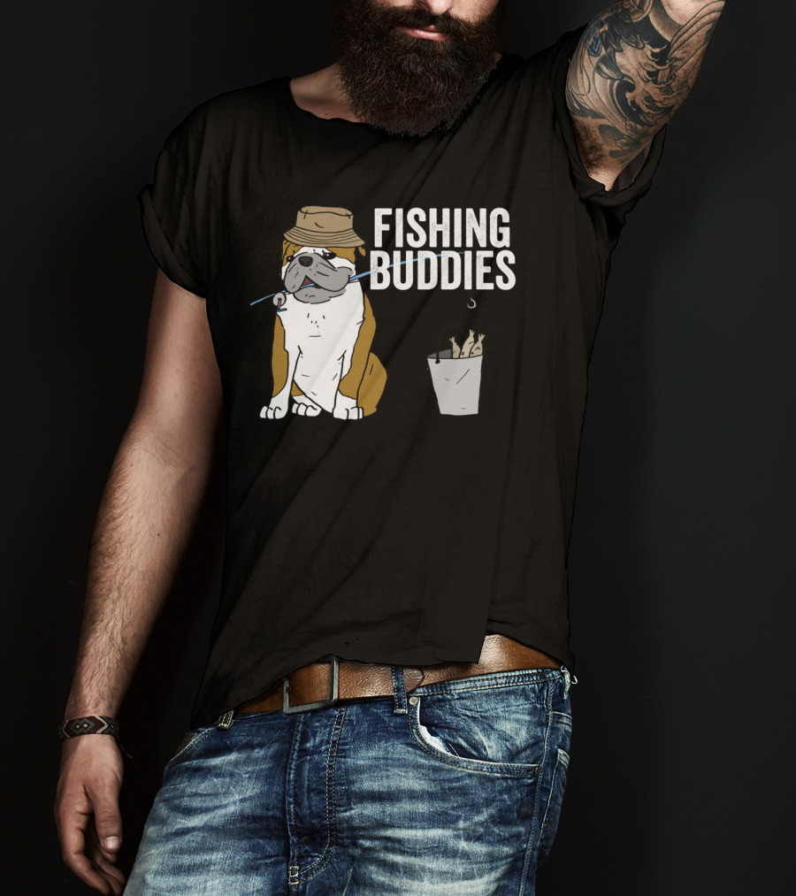 Bulldog Wearing Hat With Fishing Hook And Bucket - Fun Fishing Buddies T-Shirt