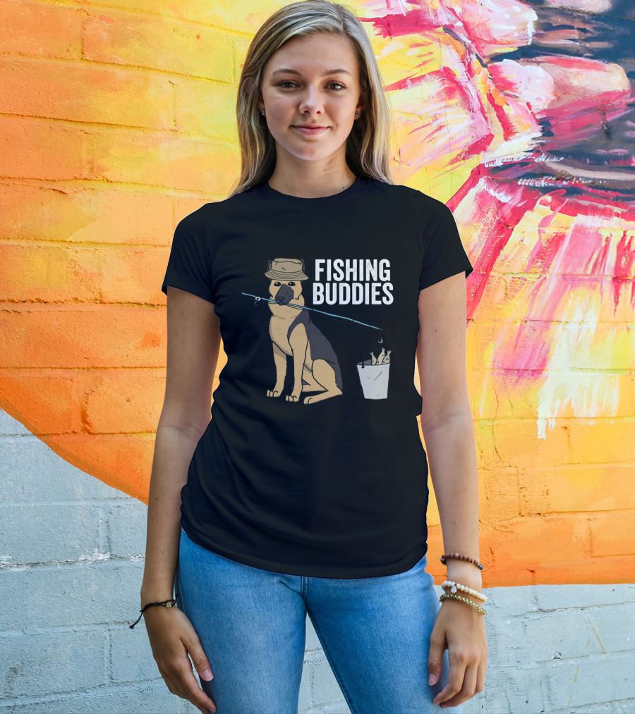Fishing Buddies German Shepherd Bucket And Fishing Rod T-Shirt