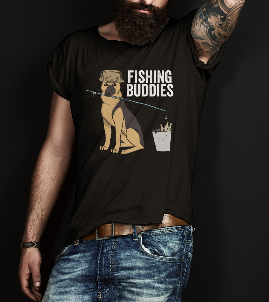 Fishing Buddies German Shepherd Bucket And Fishing Rod T-Shirt
