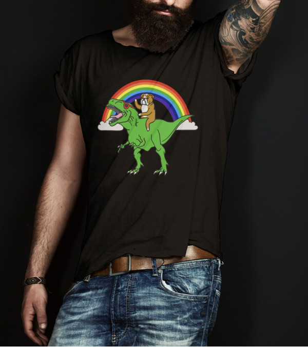 Bulldog Riding T-Rex With Rainbow And Sunglasses T-Shirt