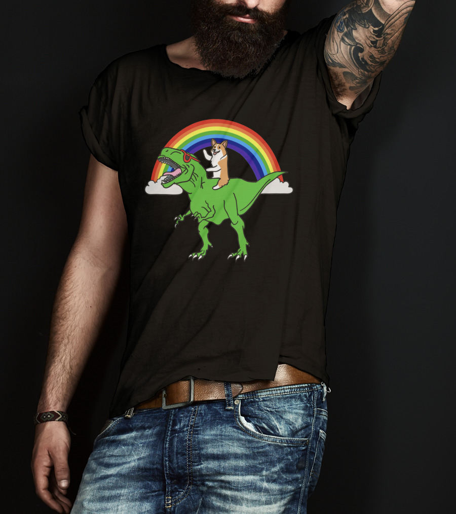 Corgi Dinosaur Riding T-Rex With Rainbow And Sunglasses T-Shirt
