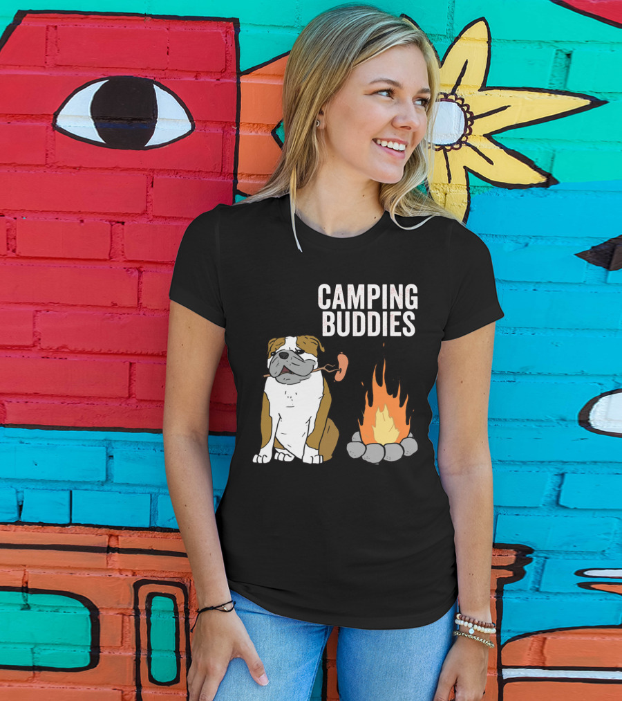 Bulldog Enjoying Campfire With Sausage And Camping Buddies T-Shirt