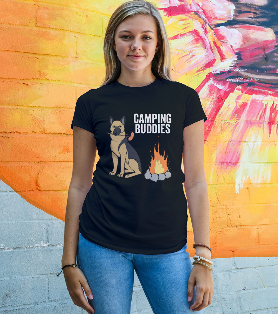 Camping Buddies German Shepherd Roasting By Campfire T-Shirt