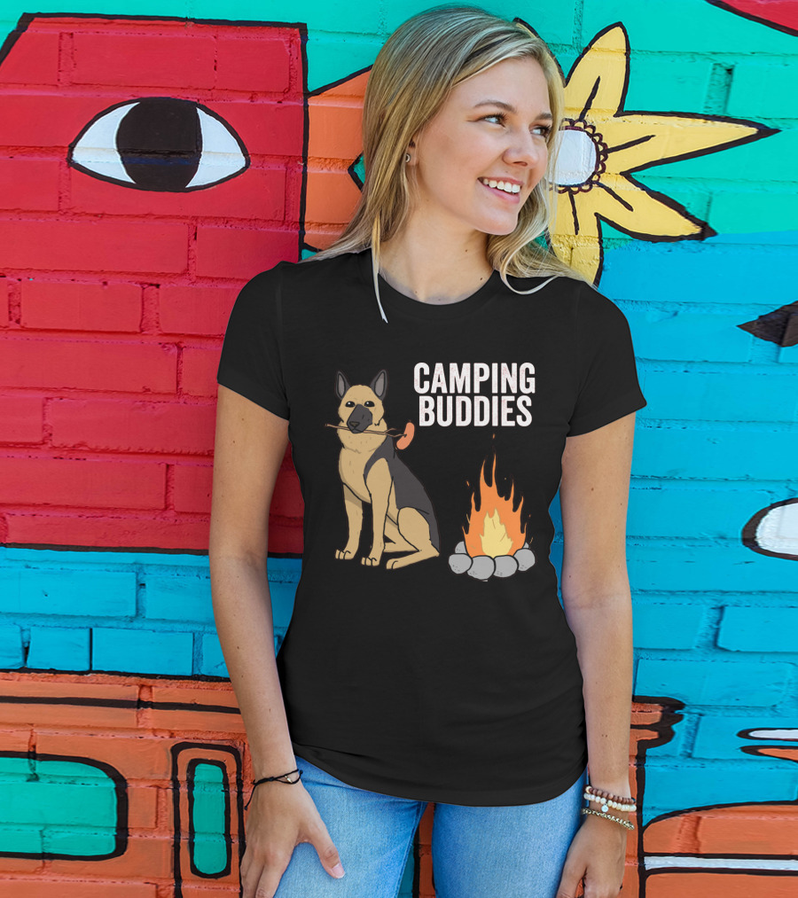 Camping Buddies German Shepherd Roasting By Campfire T-Shirt