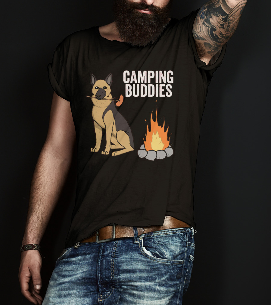 Camping Buddies German Shepherd Roasting By Campfire T-Shirt