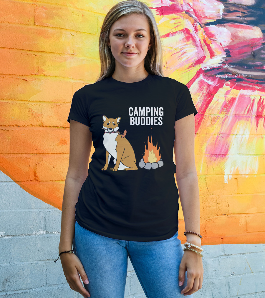 Camping Buddies Shiba Inu Roasting Sausage Near Campfire T-Shirt