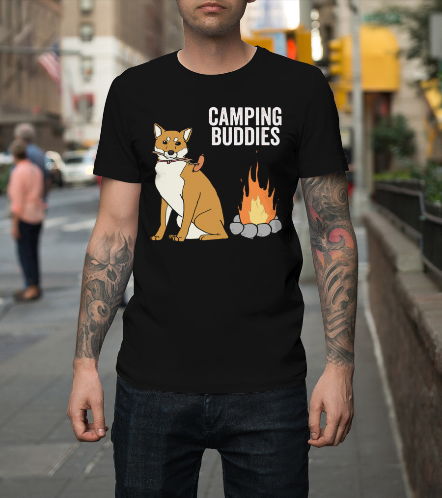 Camping Buddies Shiba Inu Roasting Sausage Near Campfire T-Shirt