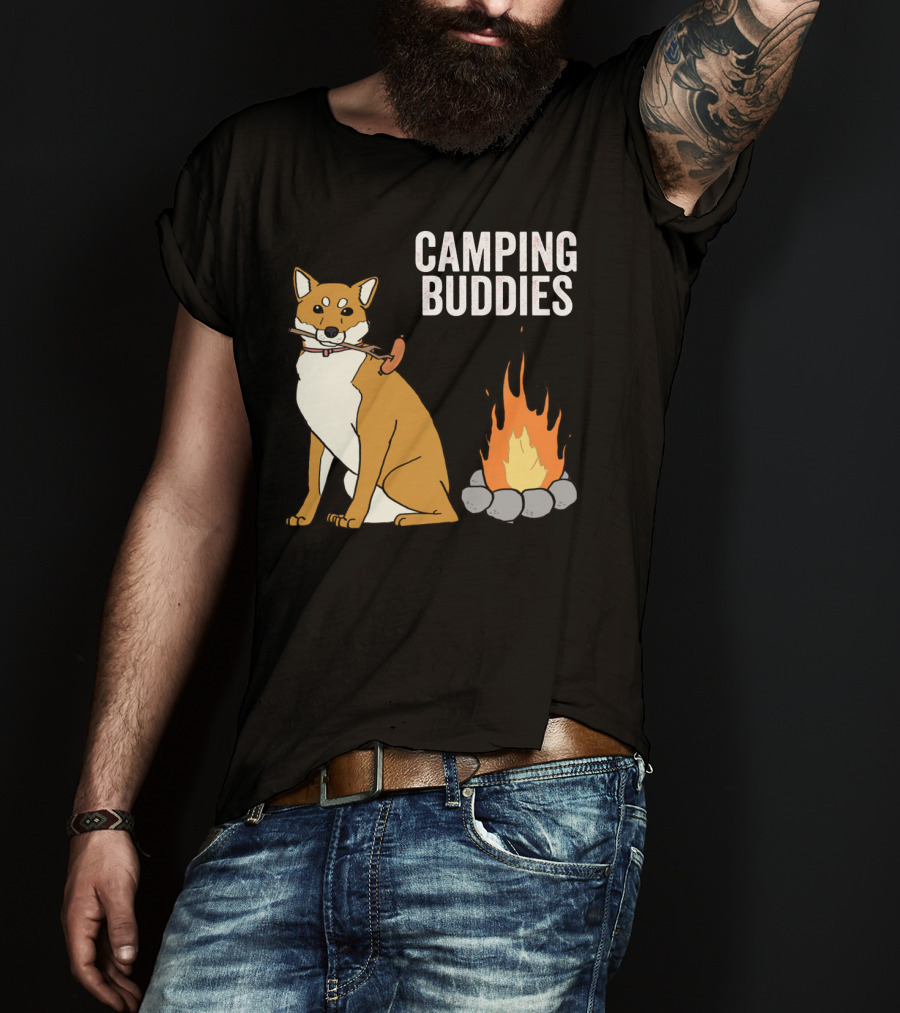 Camping Buddies Shiba Inu Roasting Sausage Near Campfire T-Shirt