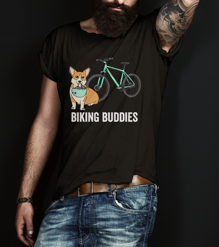 Corgi Biking Buddies With Bicycle Helmet And Mountain Bike T-Shirt