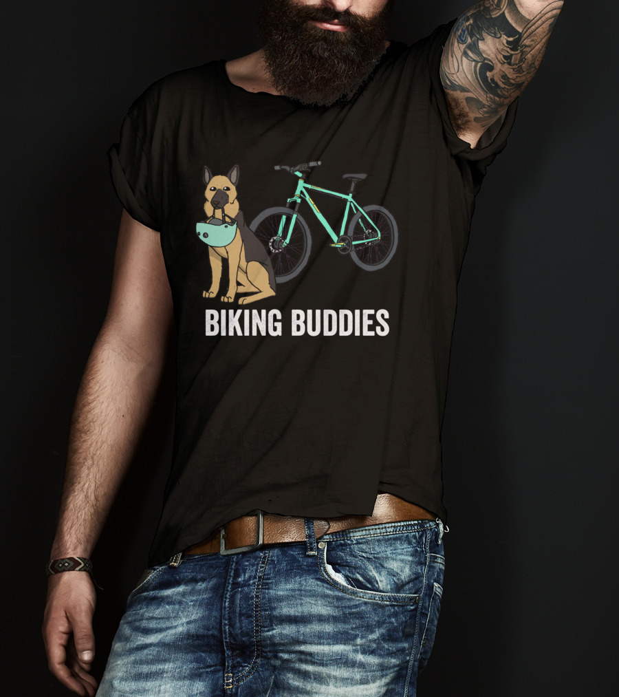 Biking Buddies German Shepherd With Bicycle Helmet And Bike T-Shirt