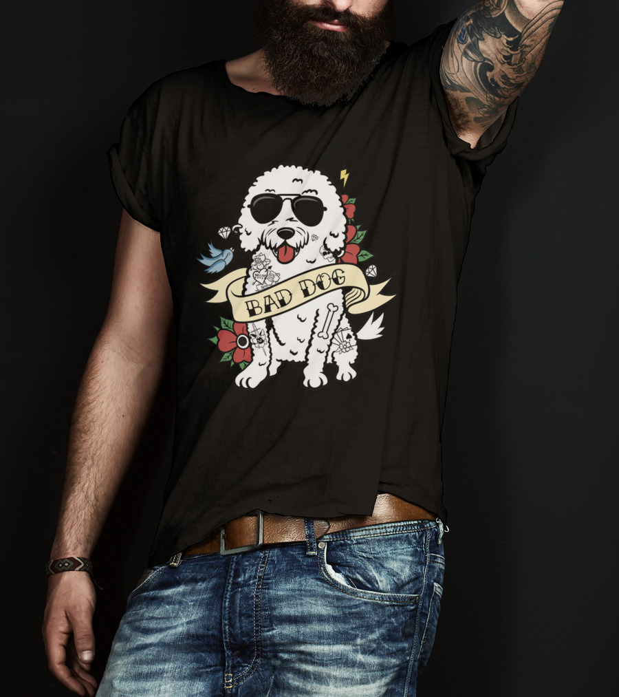 Bichon Frise Bad Dog With Sunglasses Tattoo And Flowers T-Shirt