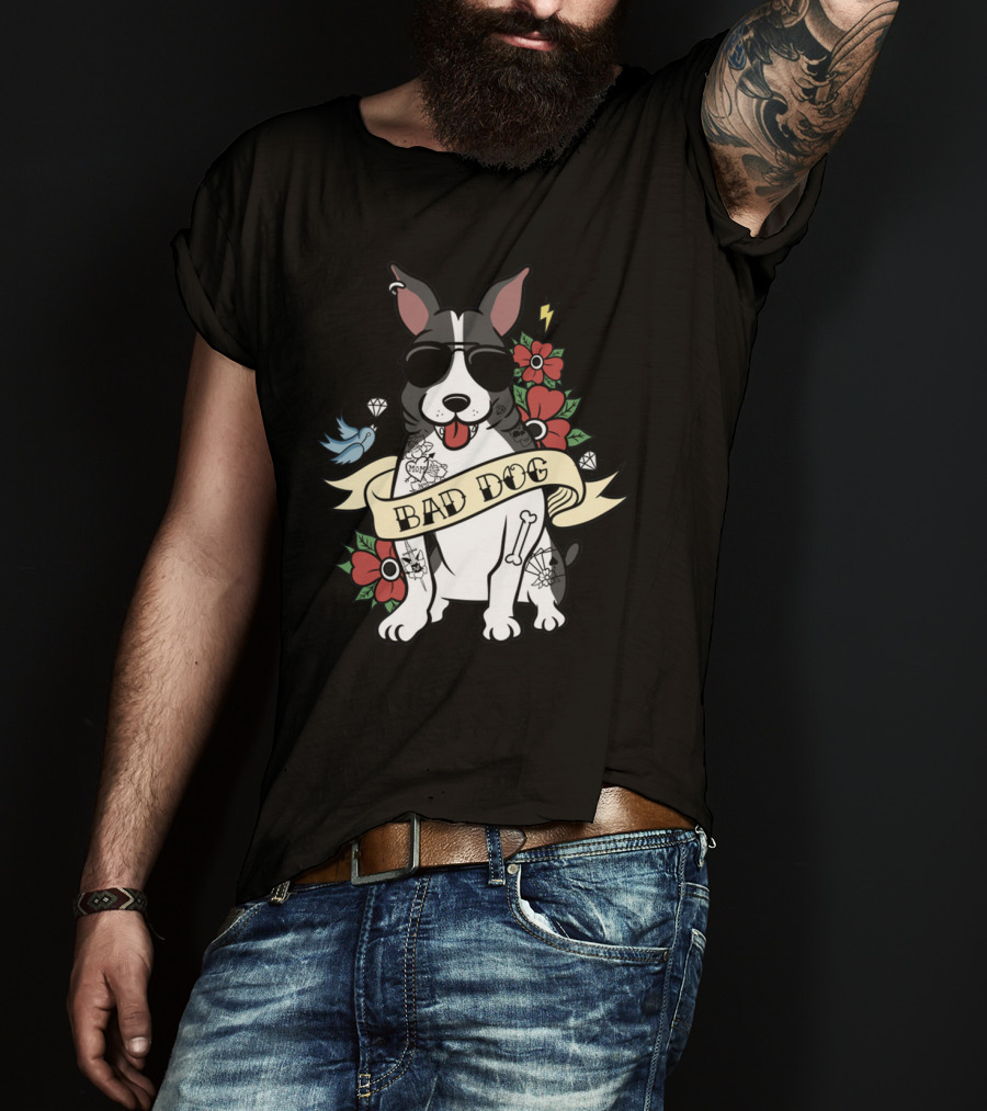 Bad Dog Boston Terrier With Tattoos And Sunglasses Floral And Lightning T-Shirt
