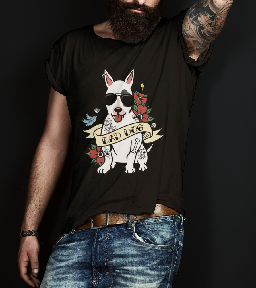 BAD DOG Tattooed Bull Terrier With Sunglasses And Flowers T-Shirt
