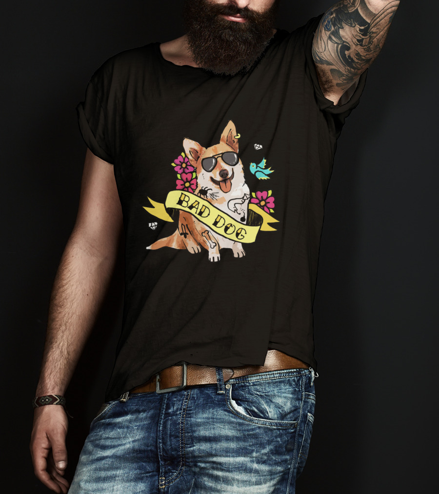 Bad Dog Corgi With Sunglasses And Flowers T-Shirt