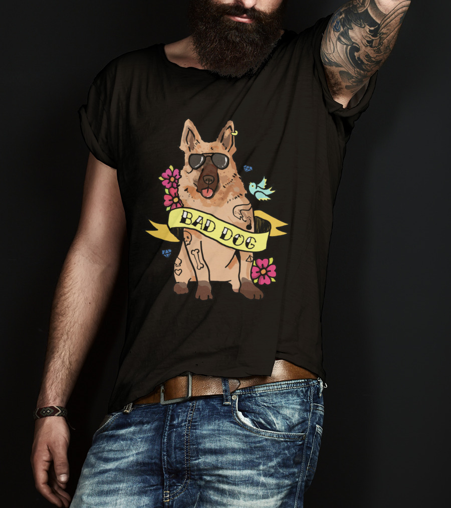 German Shepherd Bad Dog Cool Sunglasses Tattoo Style Flowers And Bird Banner T-Shirt