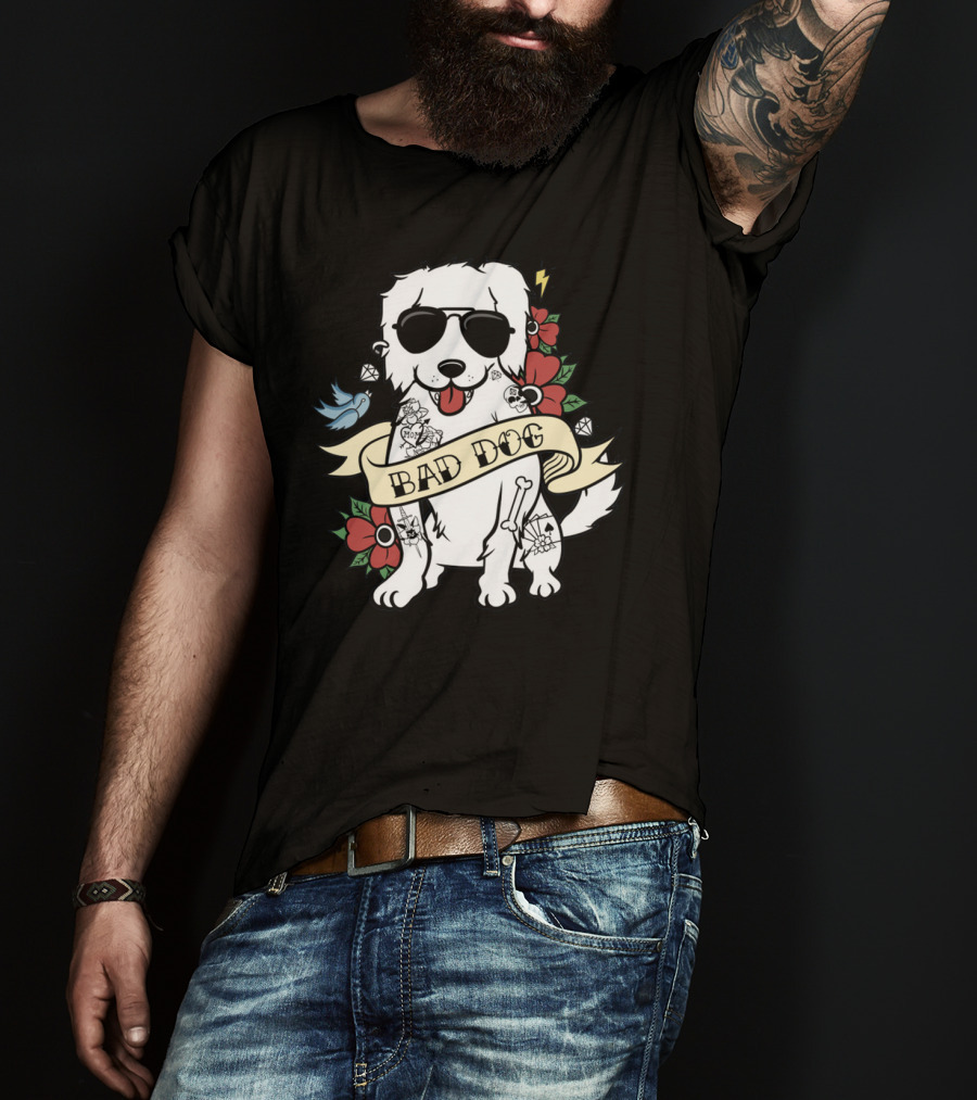 Great Pyrenees Bad Dog With Sunglasses And Tattoo Style Flowers T-Shirt