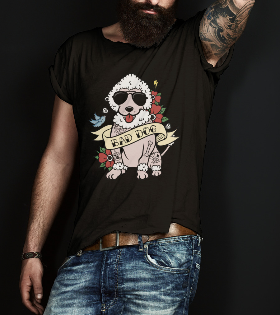 Poodle Bad Dog Wearing Sunglasses Tattoo Style With Lightning Flowers And Blue Bird T-Shirt