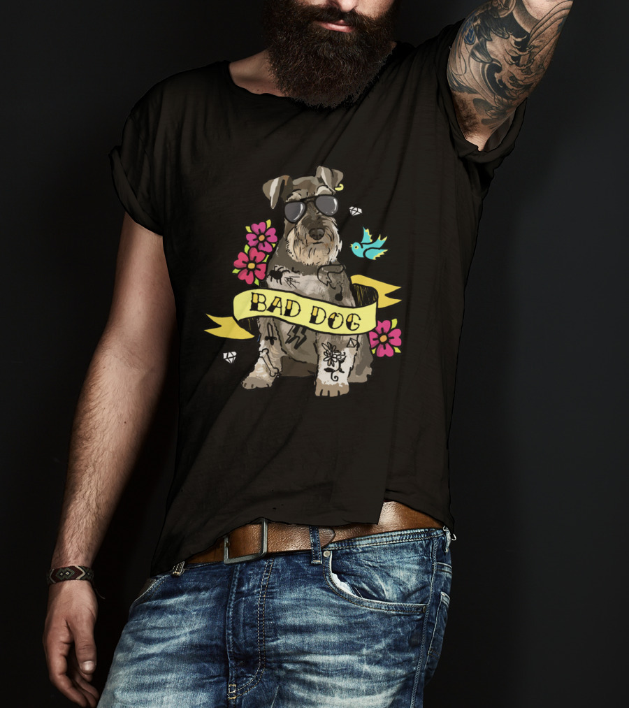 Schnauzer Bad Dog Tattoo Style With Flowers And Bird T-Shirt