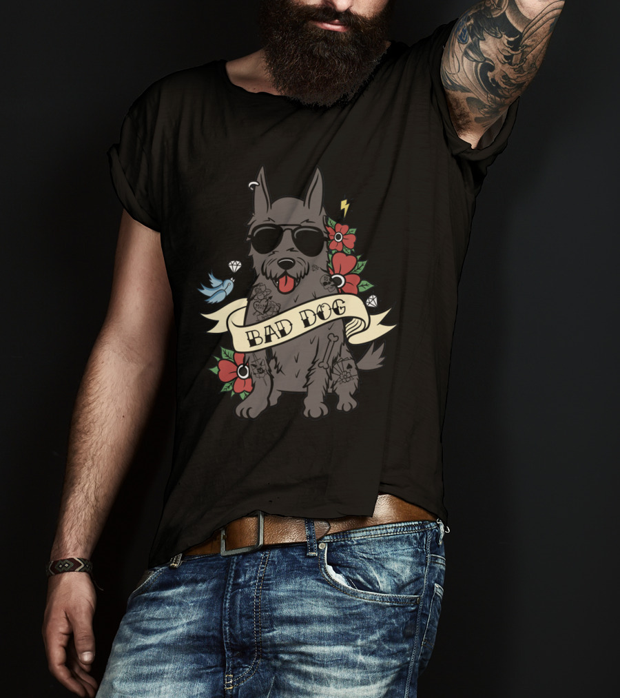 SCOTTIE BAD DOG Sunglasses Tattoo Diamond Red Flower Blue Bird Lightning T-Shirt