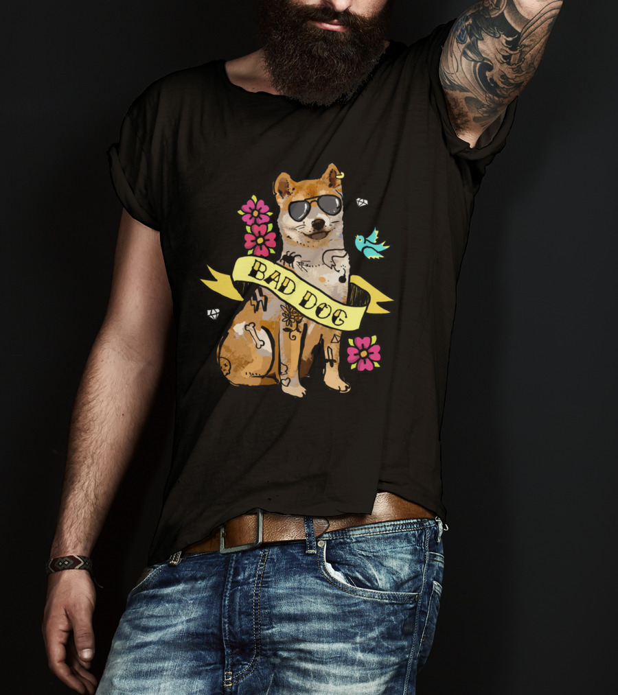Shiba Inu Bad Dog With Sunglasses And Tattoos Ribbon Art Flowers Bird Diamond T-Shirt