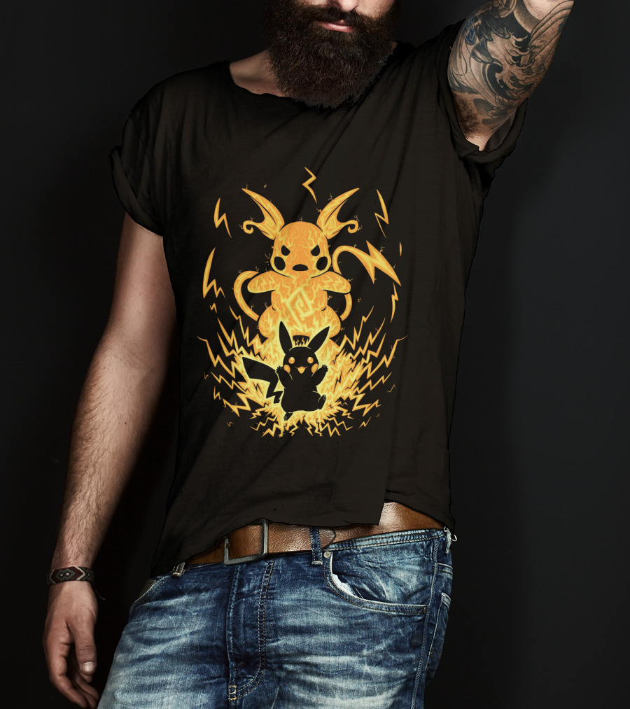 Evolution Pokemon Raichu With Pikachu And Lightning Background T-Shirt
