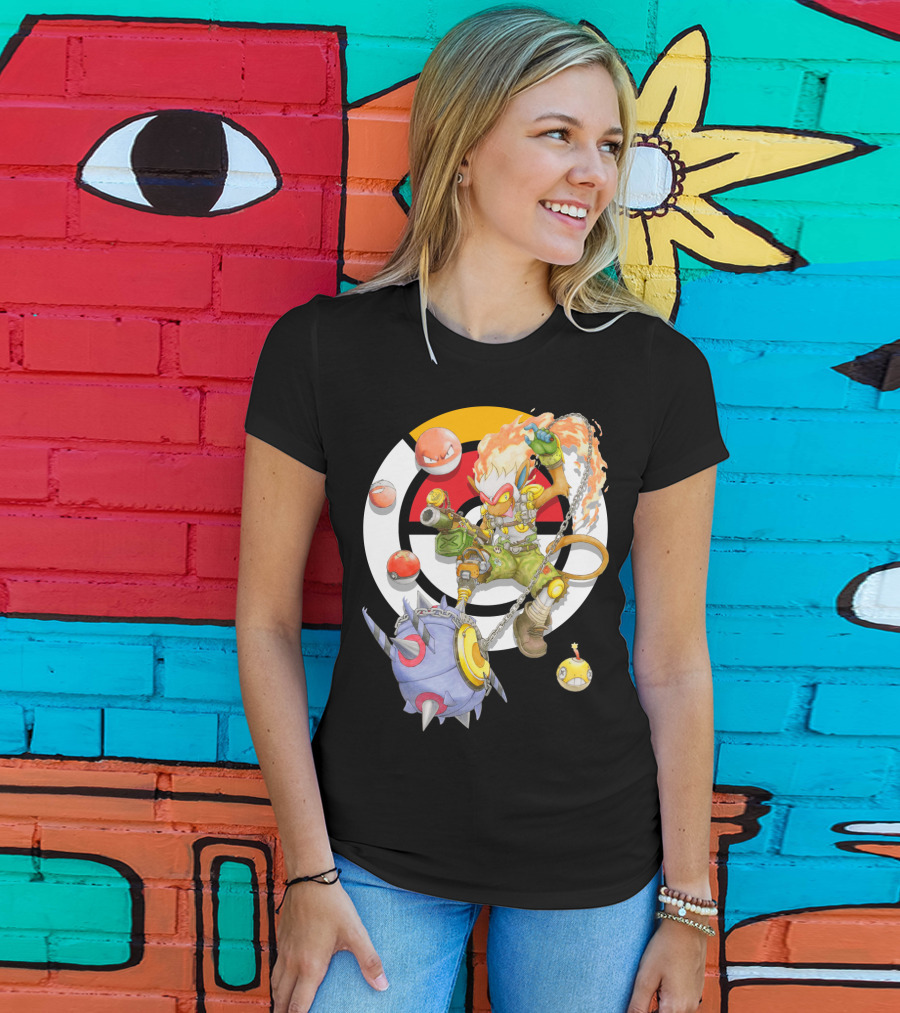 Pokemon X Overwatch Infernape And Junkrat Mashup With Pokeballs And Team Emblem T-Shirt