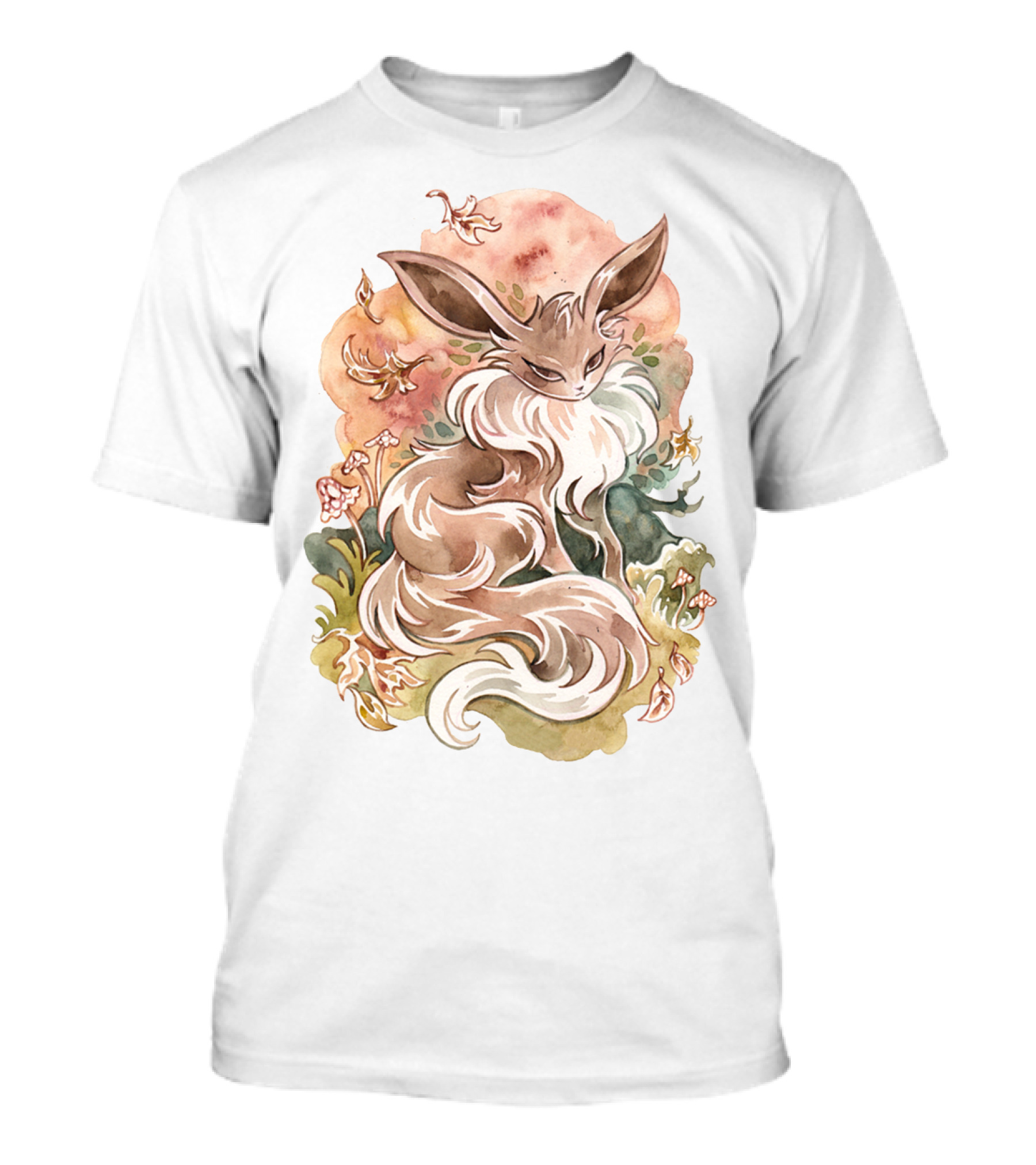 Watercolor Pokemon Eevee With Autumn Leaves And Flowers T-Shirt