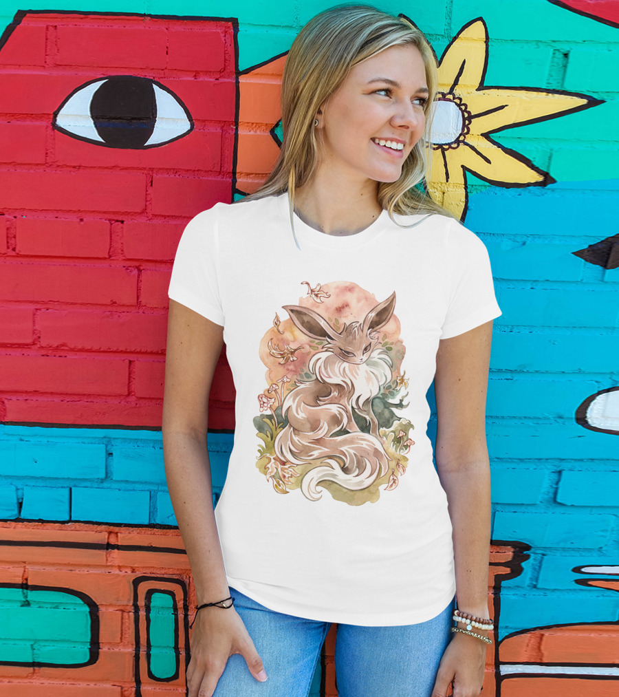 Watercolor Pokemon Eevee With Autumn Leaves And Flowers T-Shirt