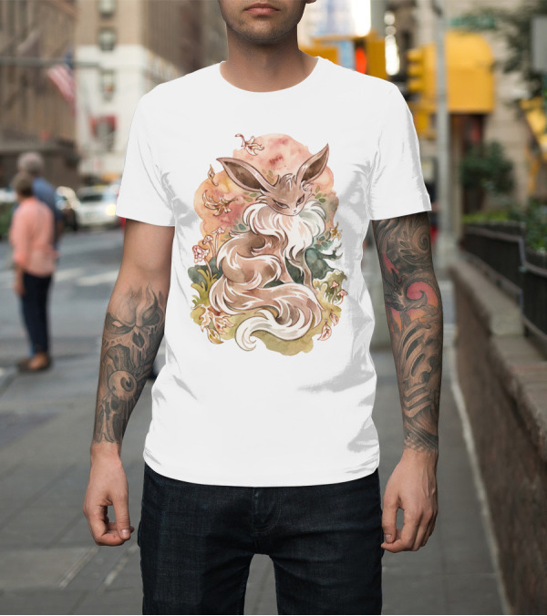 Shirt: Watercolor Pokemon Eevee with Autumn Leaves and Flowers T-Shirt Watercolor Pokemon Eevee with Autumn Leaves and Flowers T-Shirt