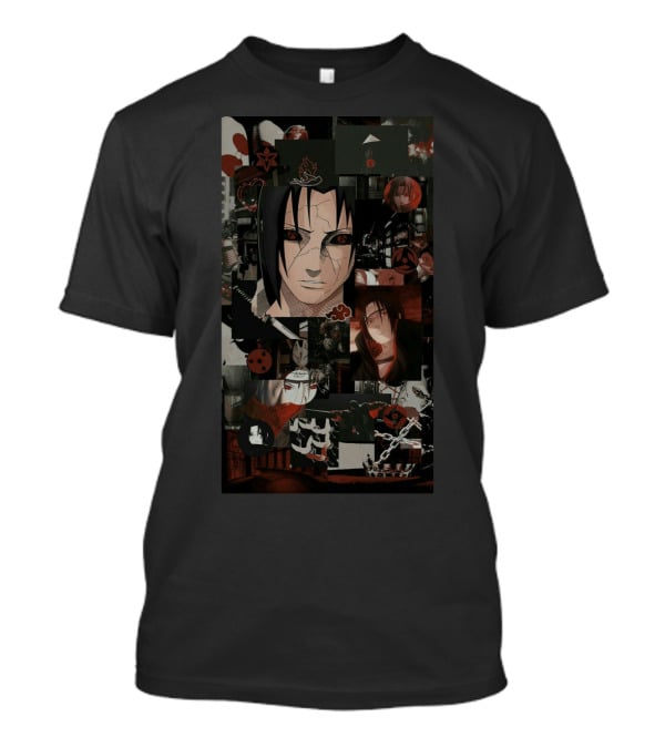 Uchiha Itachi Anime Character Collage With Sharingan And Akatsuki Symbols T-Shirt