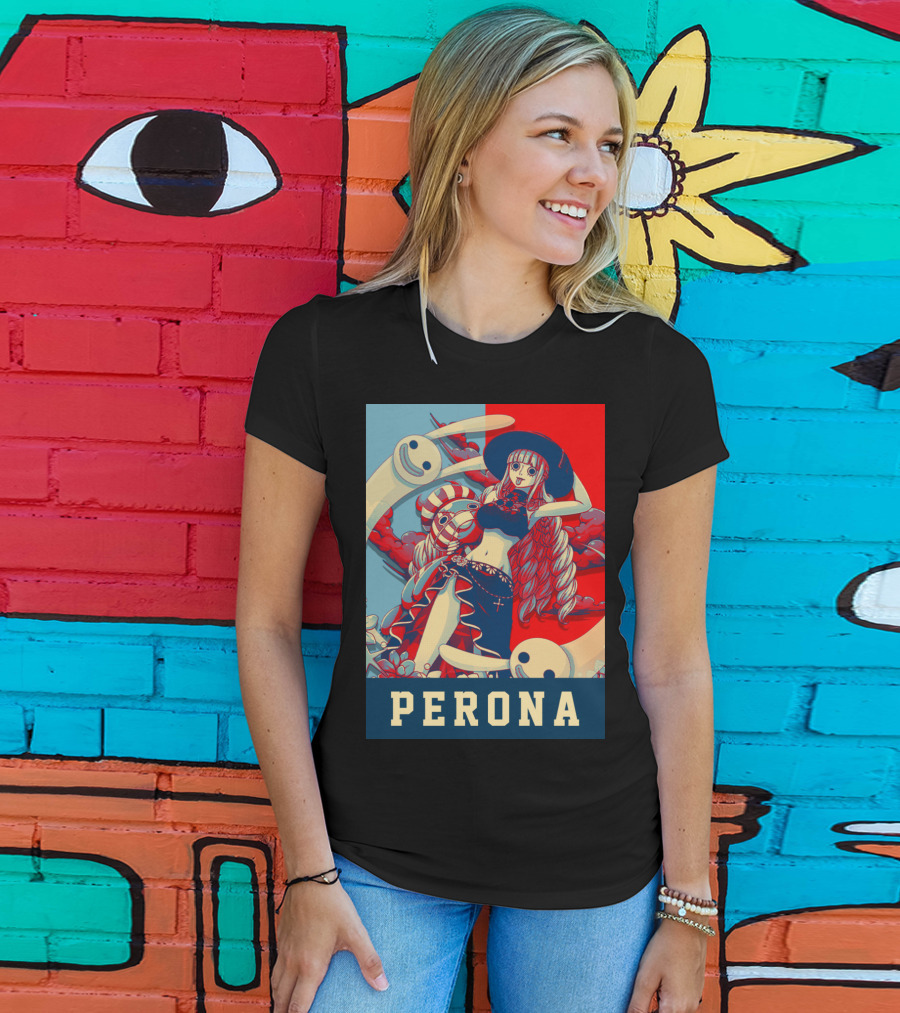 Perona One Piece Manga Anime Character With Ghosts And Red Blue Split Background T-Shirt