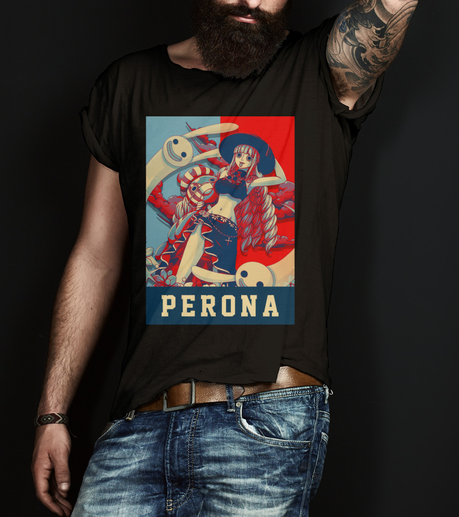 Perona One Piece Manga Anime Character With Ghosts And Red Blue Split Background T-Shirt