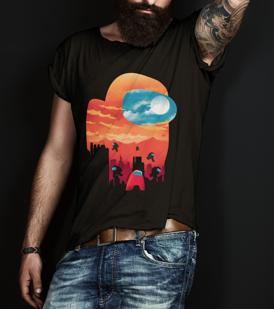 Sunset Among Us Impostors Skyline Scene T-Shirt