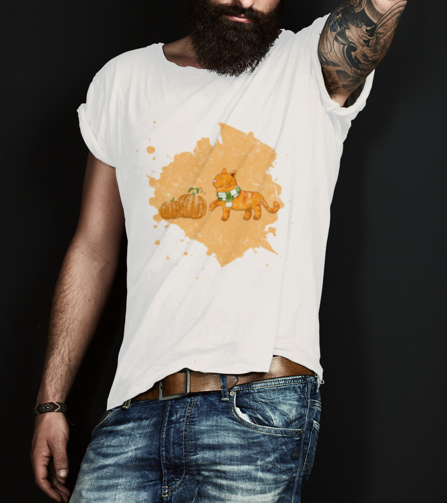 Kitty With Scarf And Pumpkins On Splash Background T-Shirt