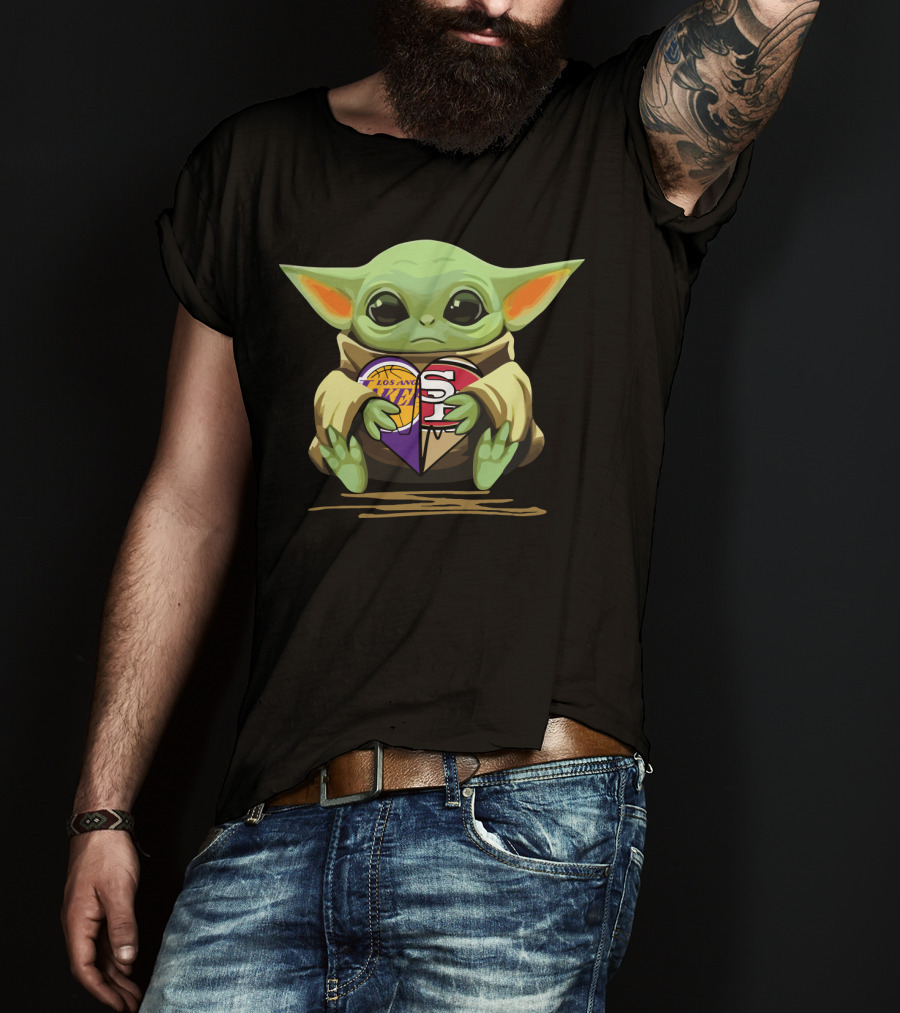 Baby Yoda Holding Los Angeles Lakers And San Francisco 49ers Logos T-Shirt