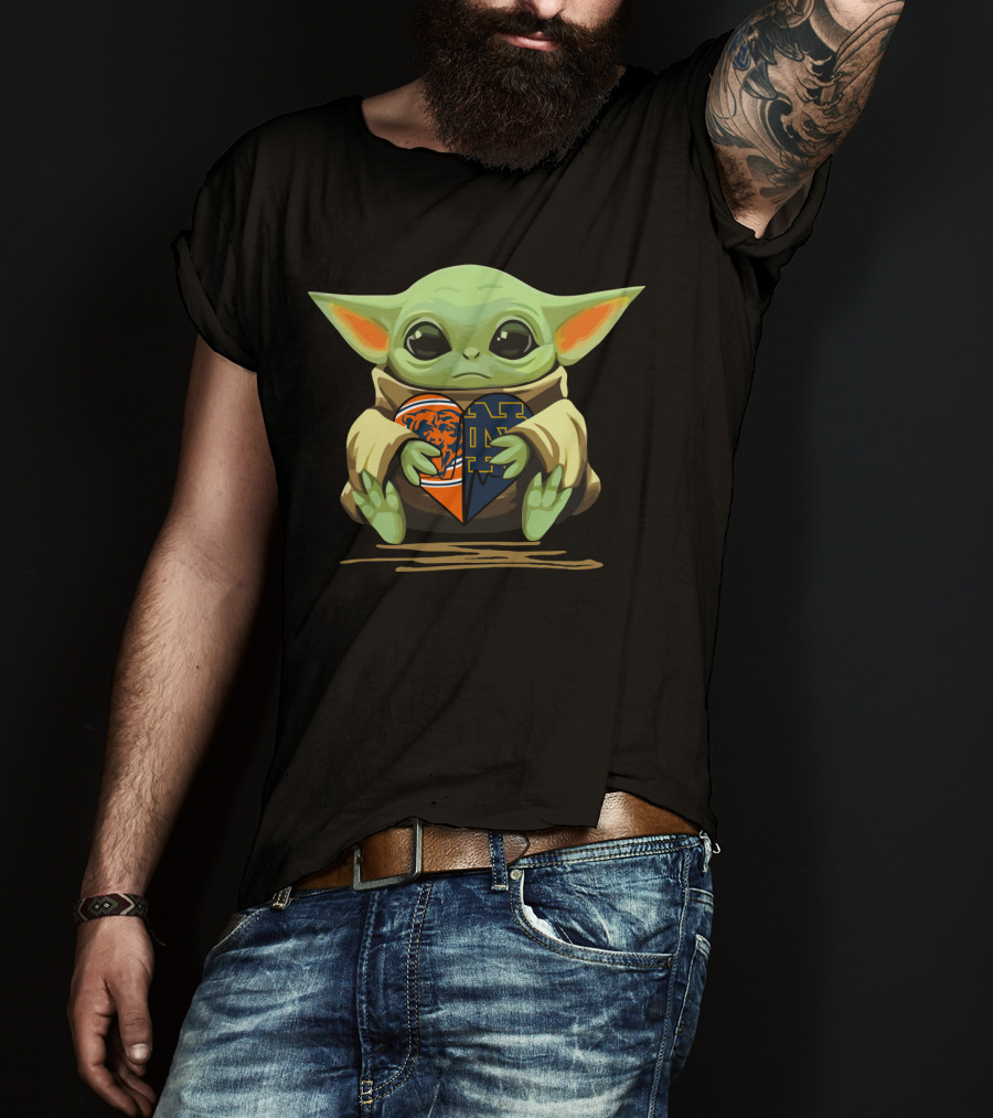 Baby Yoda Holding Chicago Bears And Notre Dame Irish Heart-Shaped T-Shirt